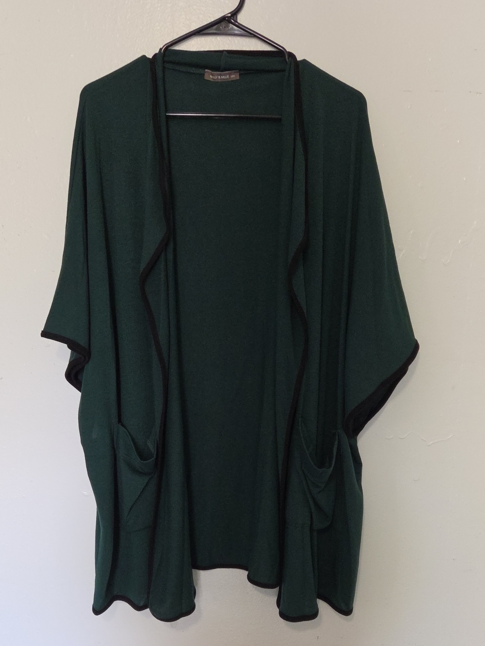 Nally & Millie USA Forest Green Open-Front Draped Cardigan with Black Trim